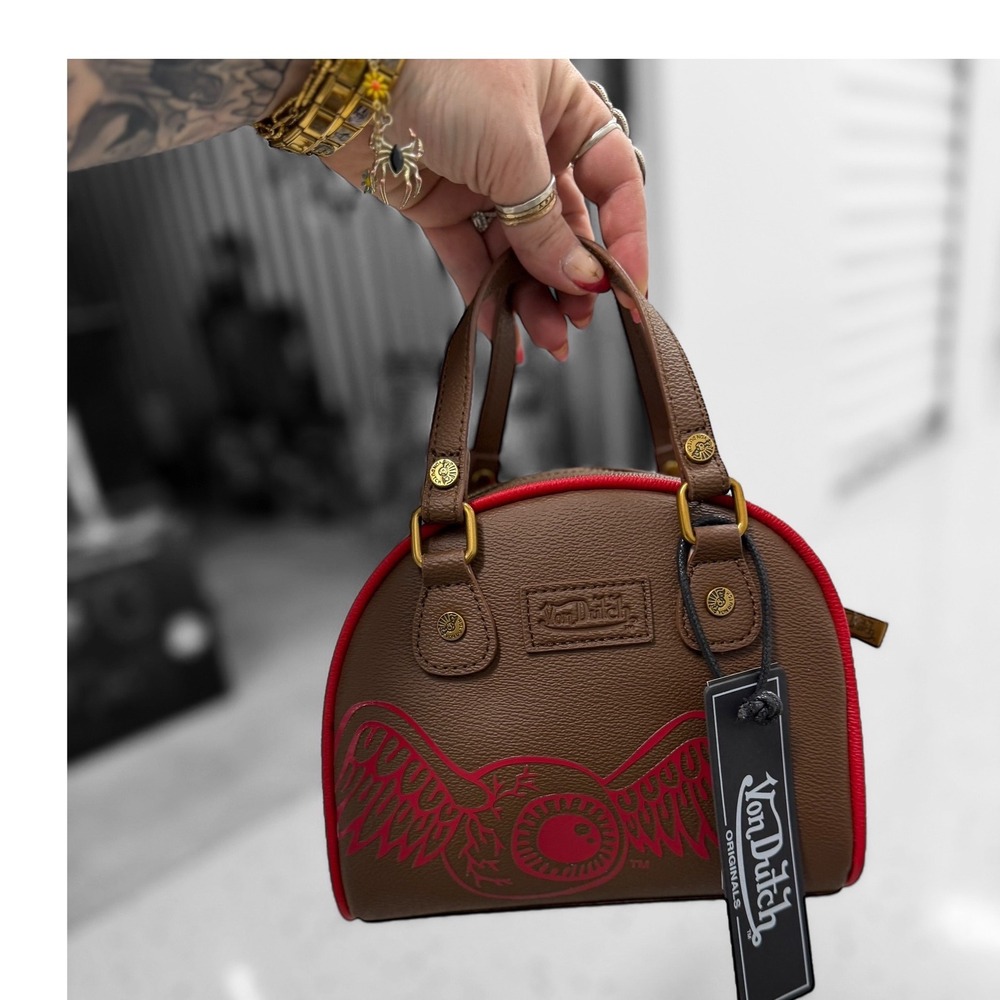 New with tags Von Dutch Brown Mini Bowling Bag Red Trim Eagle Logo